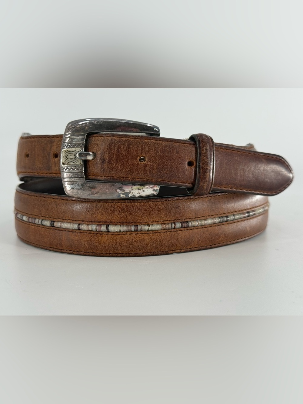 Vintage Brighton Brown Leather Mother of Pearl Beaded Belt 38